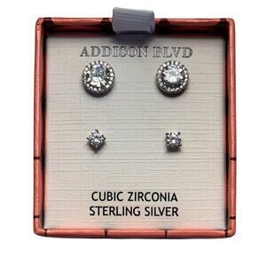 NEW Addison BLVD 925 Sterling Silver CZ Halo 2 Pair Post Earring Set
